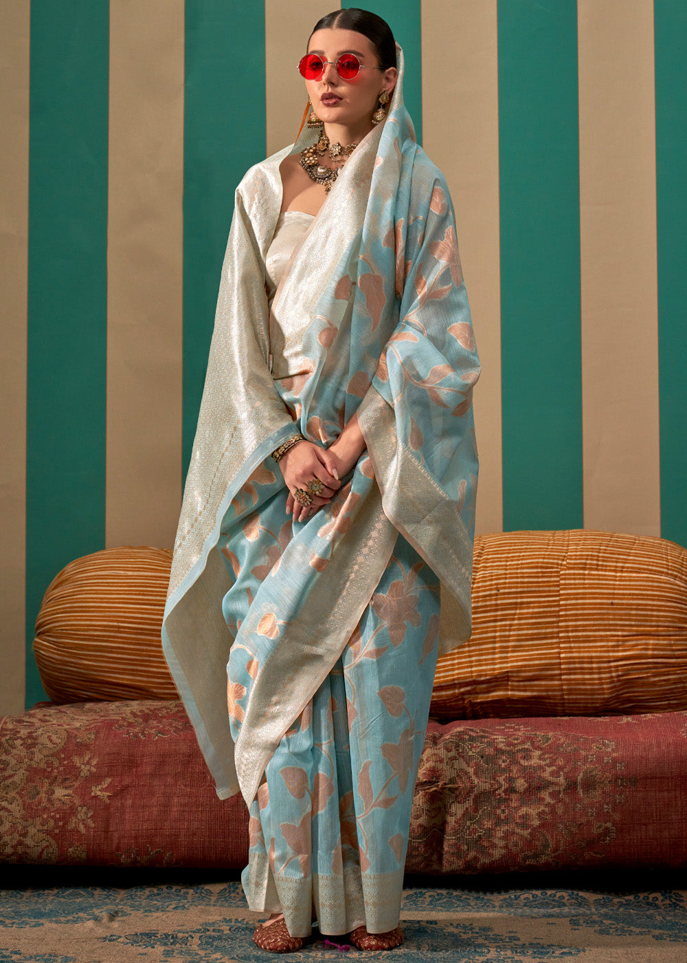 Jungle Mist Blue Woven Banarasi Linen Saree