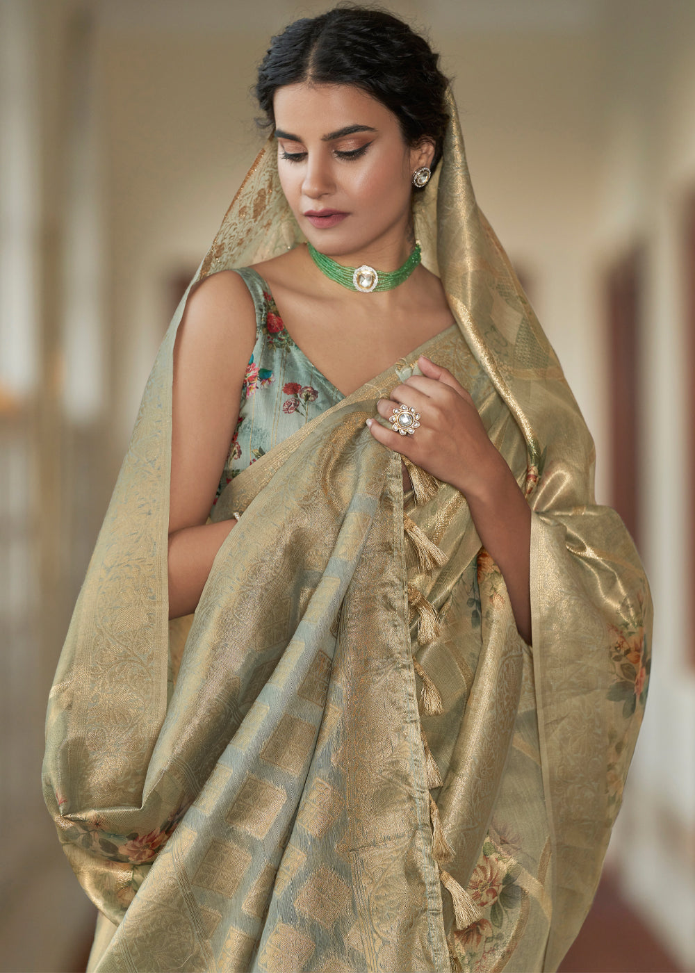 Copper Canyon Golden Woven Banarasi Tissue Organza Silk Sare