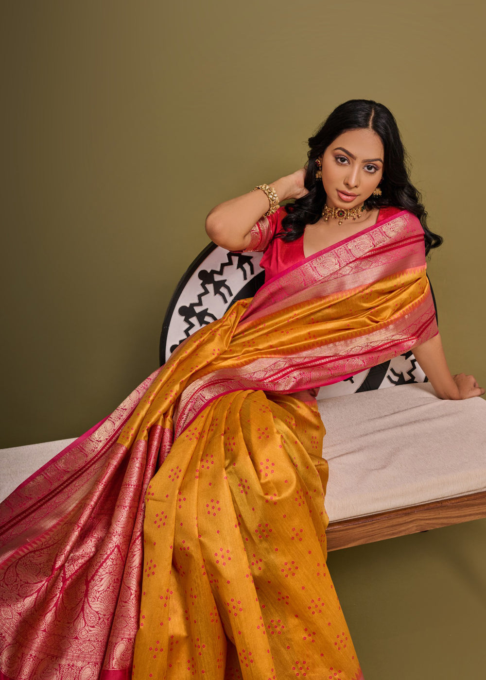 Ochre Yellow Woven Banarasi Soft Silk Saree