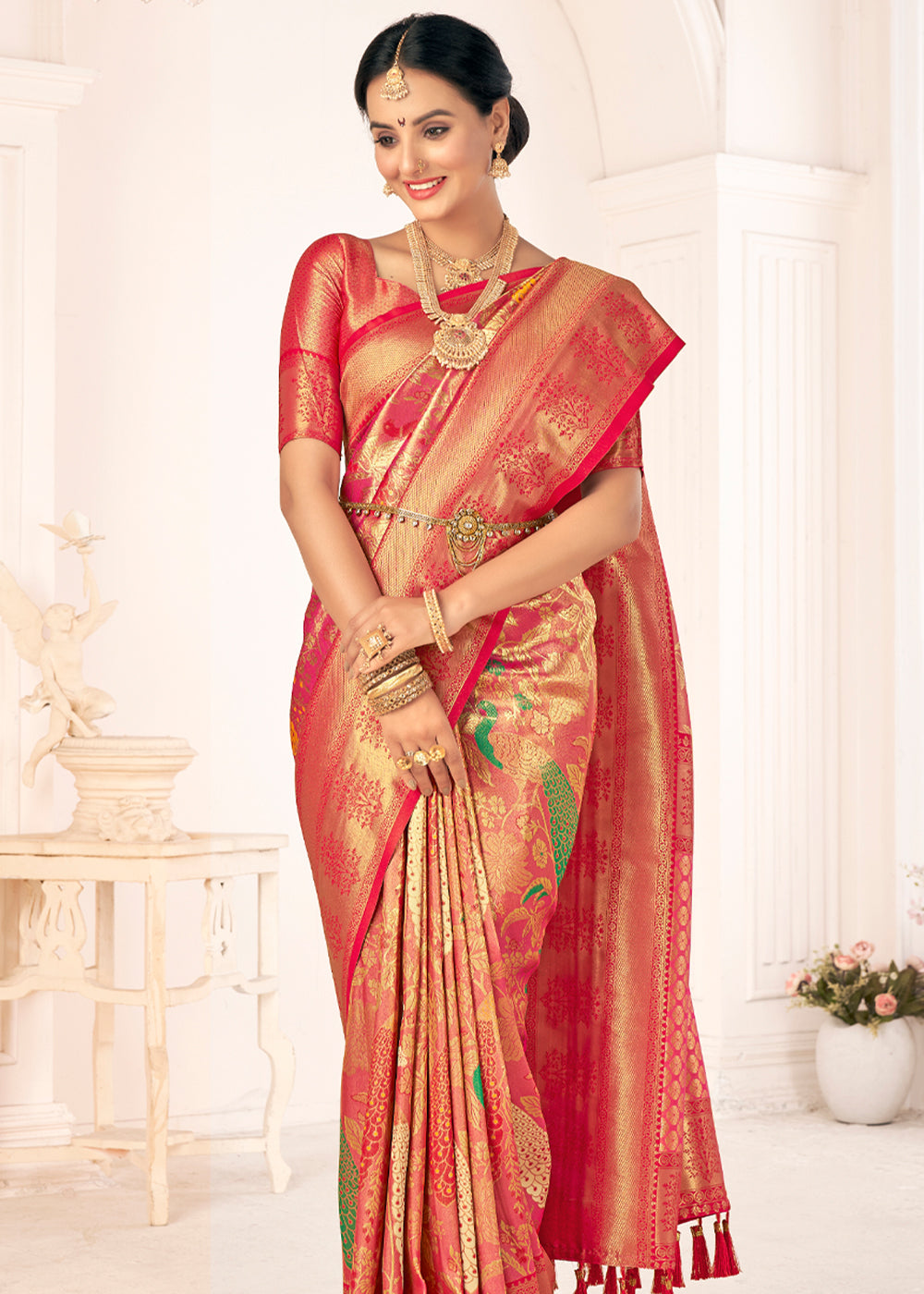 Roman Pink Woven Paithani Fusion Kanjivaram Silk Saree