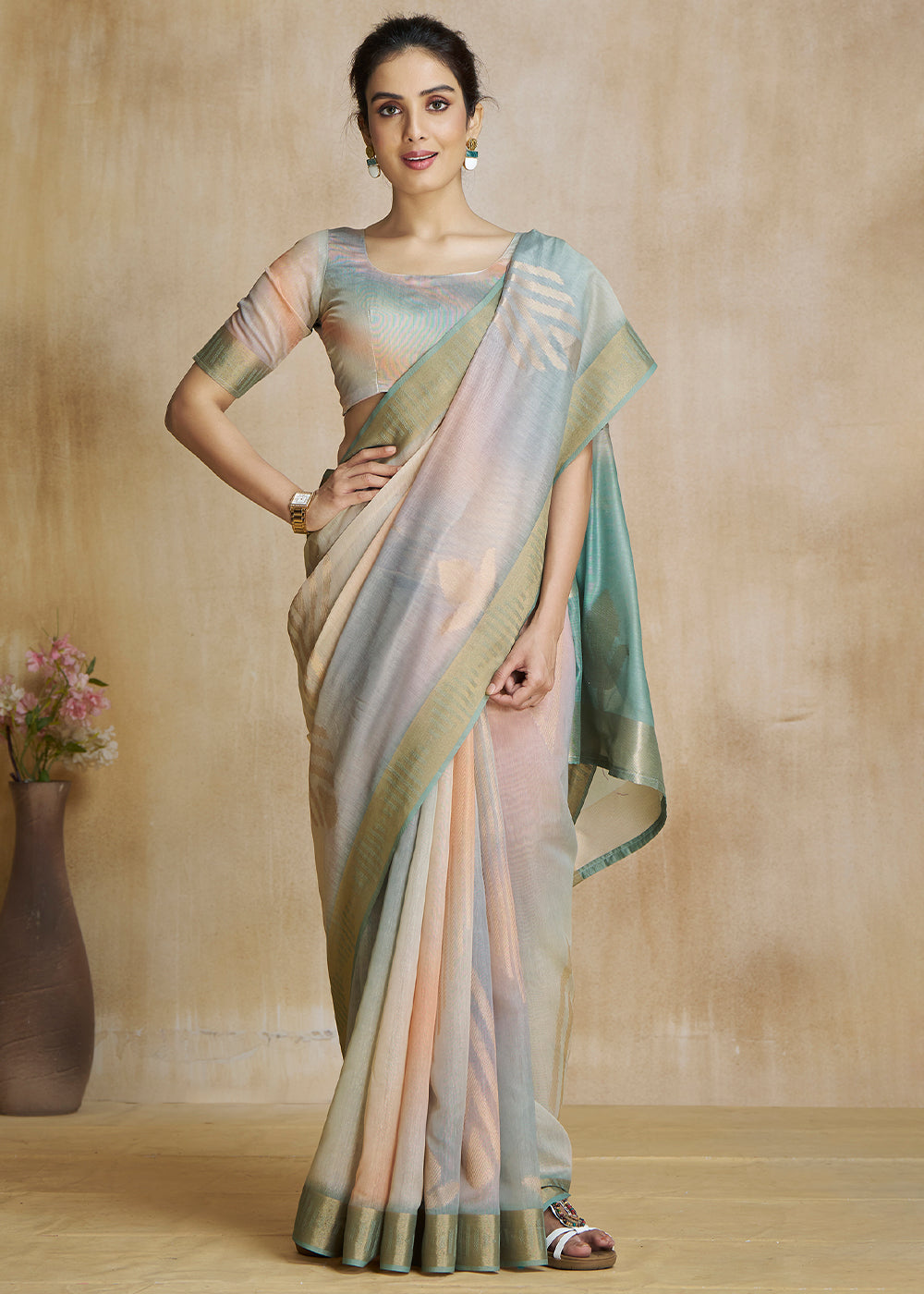 Locust Green and Grey Tissue Woven Soft Silk Saree