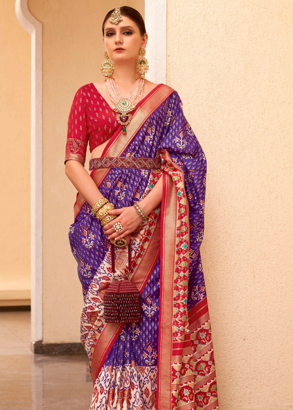 Deep Koamaru Purple and Red Printed Patola Soft Silk Saree