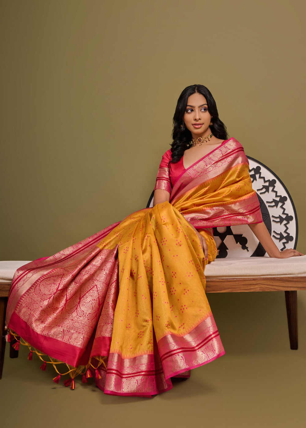 Ochre Yellow Woven Banarasi Soft Silk Saree