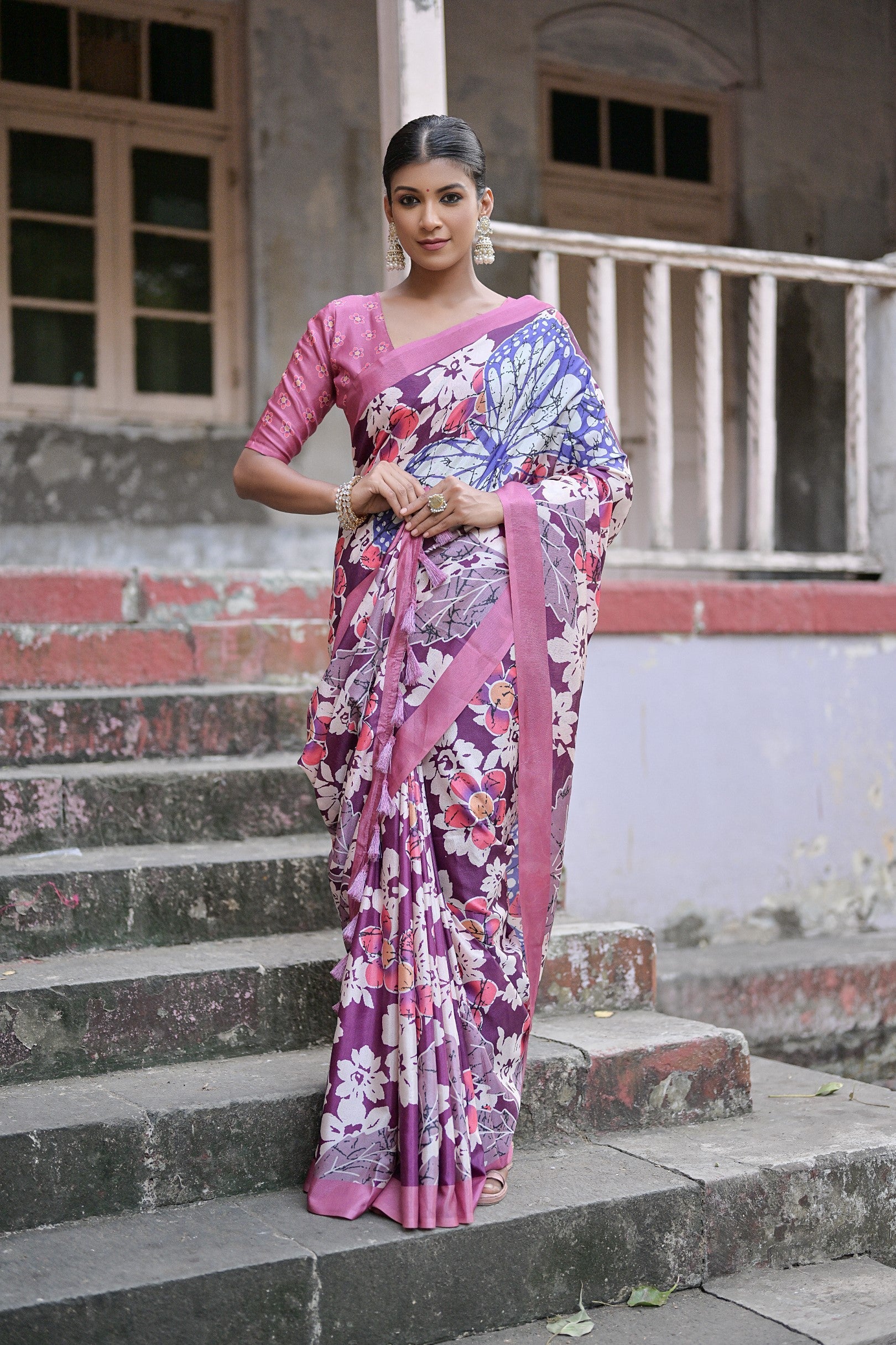 Strikemaster Purple Floral Printed Cotton Silk Saree