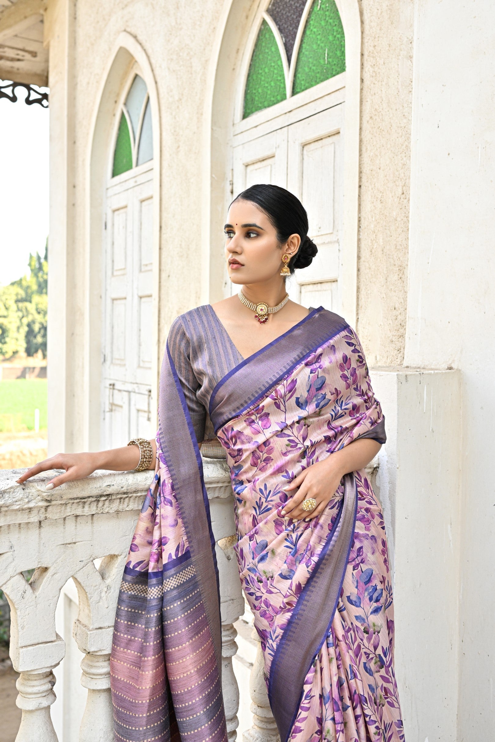 Lilac Luster Purple Tussar Printed Silk Saree