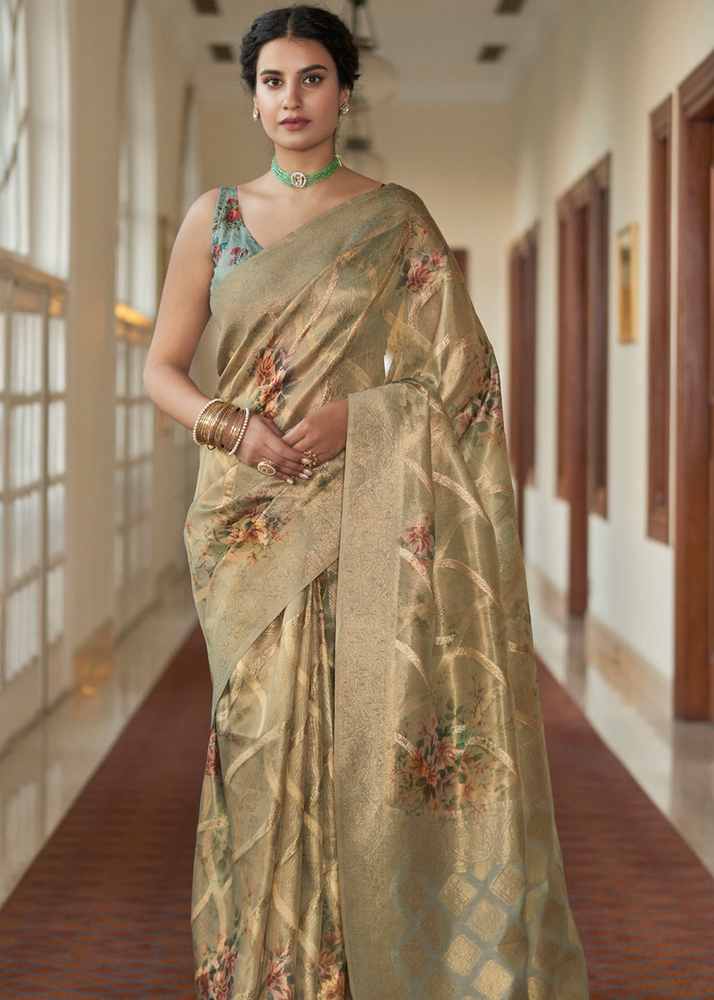 Copper Canyon Golden Woven Banarasi Tissue Organza Silk Sare