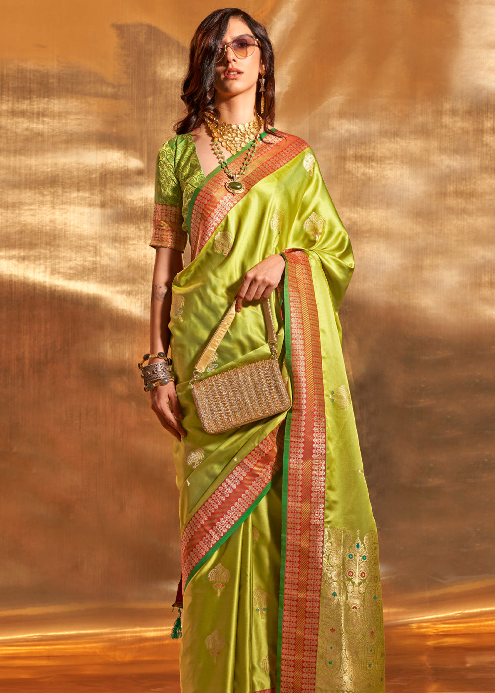 Earls Green Woven Banarasi Satin Silk Saree