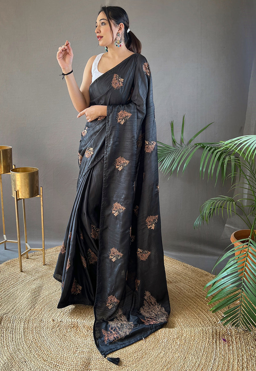 Bunker Black Embroidered Tussar Silk Saree