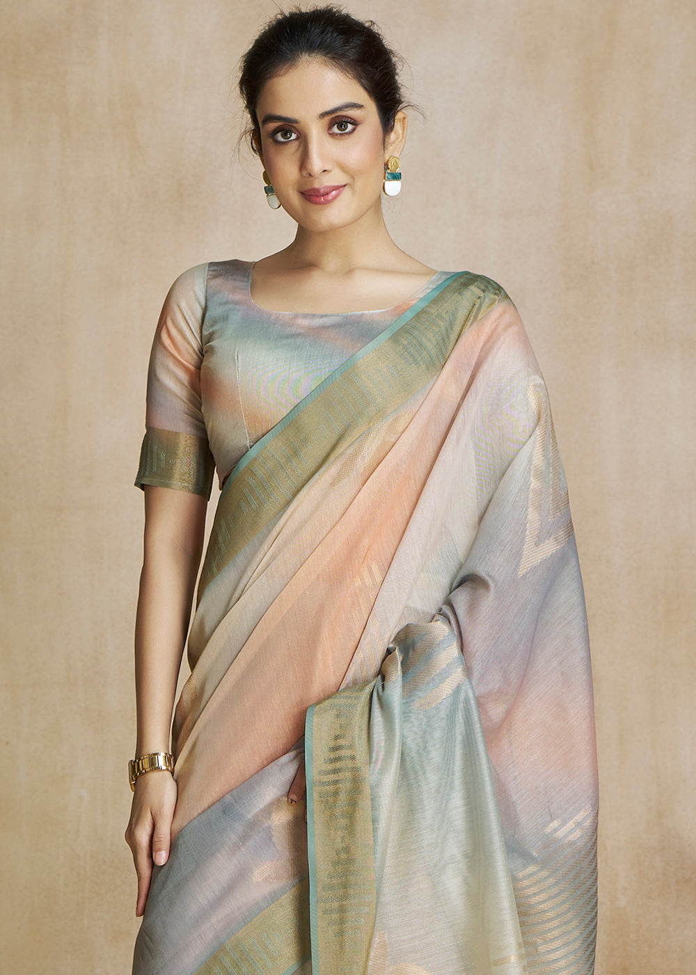 Locust Green and Grey Tissue Woven Soft Silk Saree