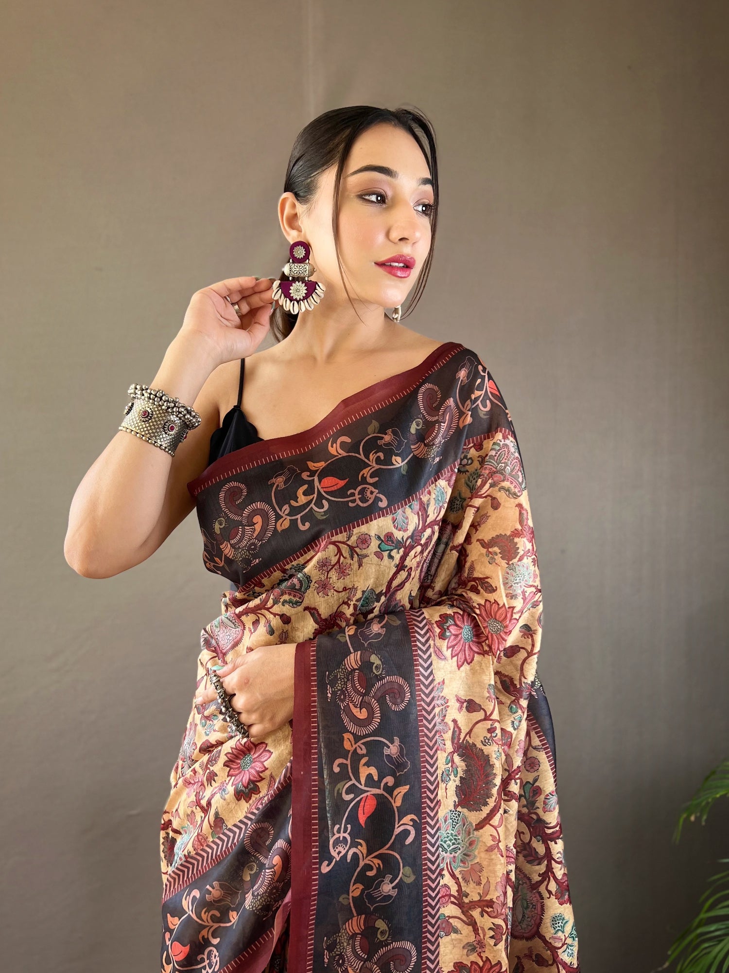 Tacao Orange and Black Printed Cotton Kalamkari Saree