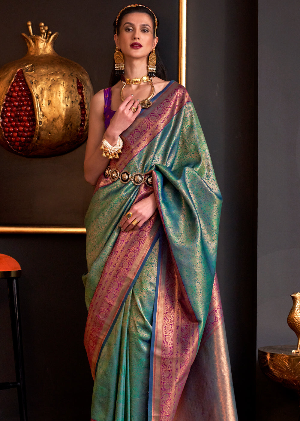 Corduroy Green Chaap Handloom kanjivaram silk Saree