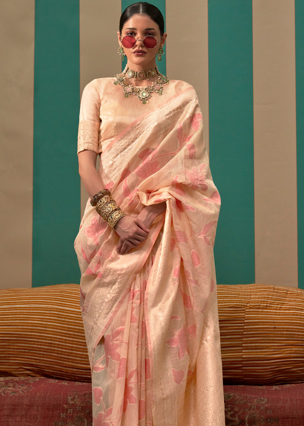 Karry Peach Woven Banarasi Linen Saree