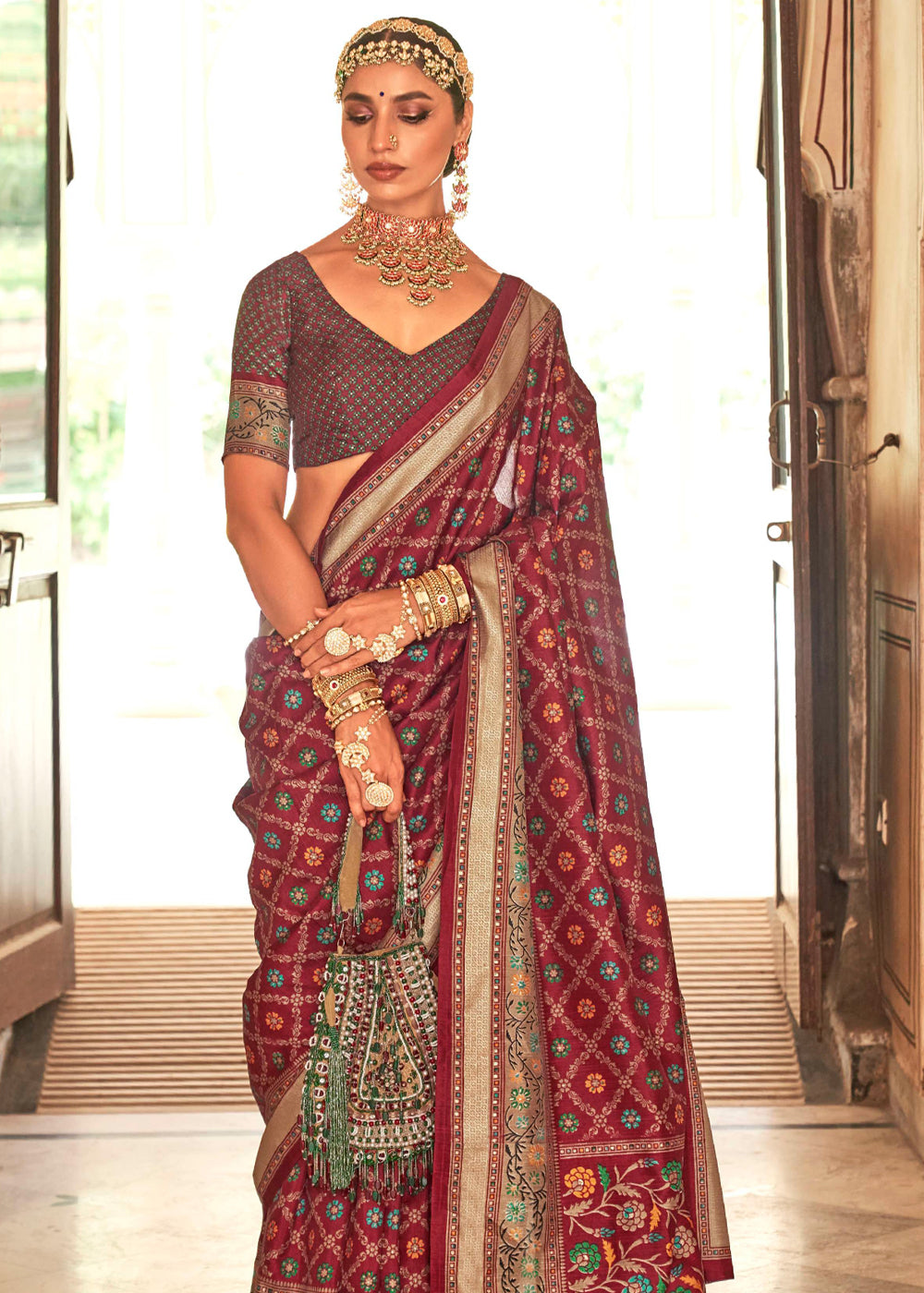 Stiletto Maroon Printed Soft Silk Saree