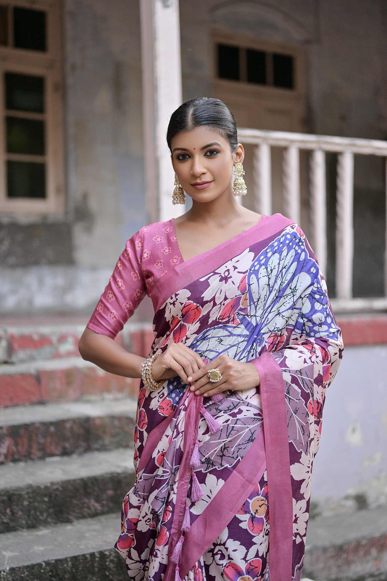 Strikemaster Purple Floral Printed Cotton Silk Saree