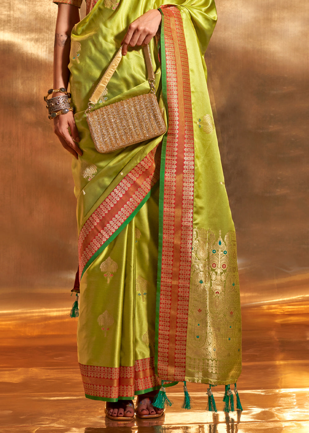 Earls Green Woven Banarasi Satin Silk Saree