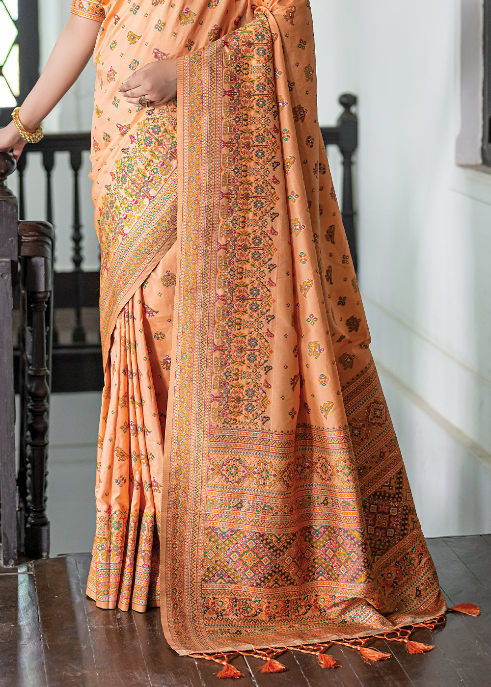 Neon Orange Kashmiri Handloom Woven Silk Saree