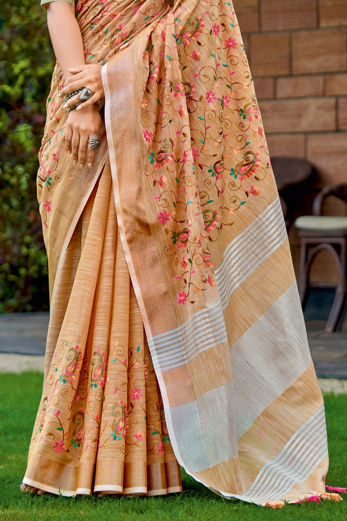 Macaroni Cheese Orange Handcrafted Linen Saree