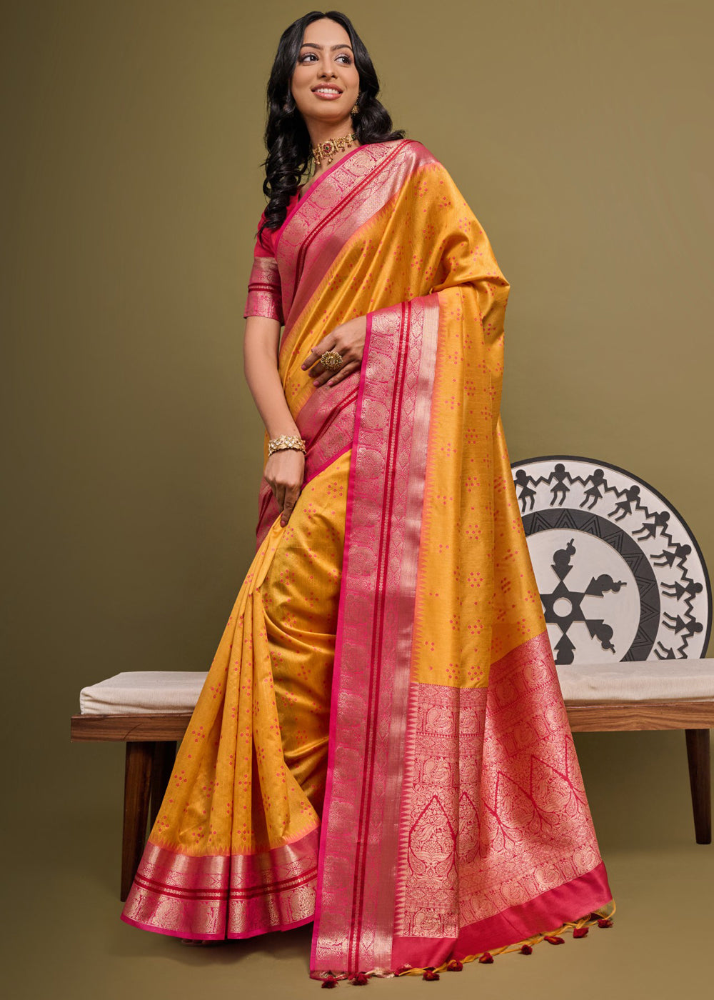 Ochre Yellow Woven Banarasi Soft Silk Saree