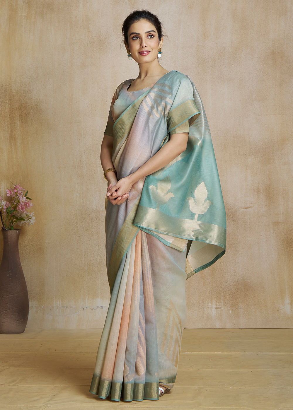 Locust Green and Grey Tissue Woven Soft Silk Saree