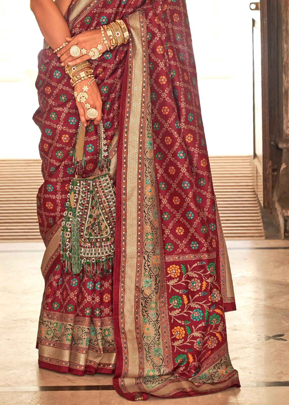 Stiletto Maroon Printed Soft Silk Saree