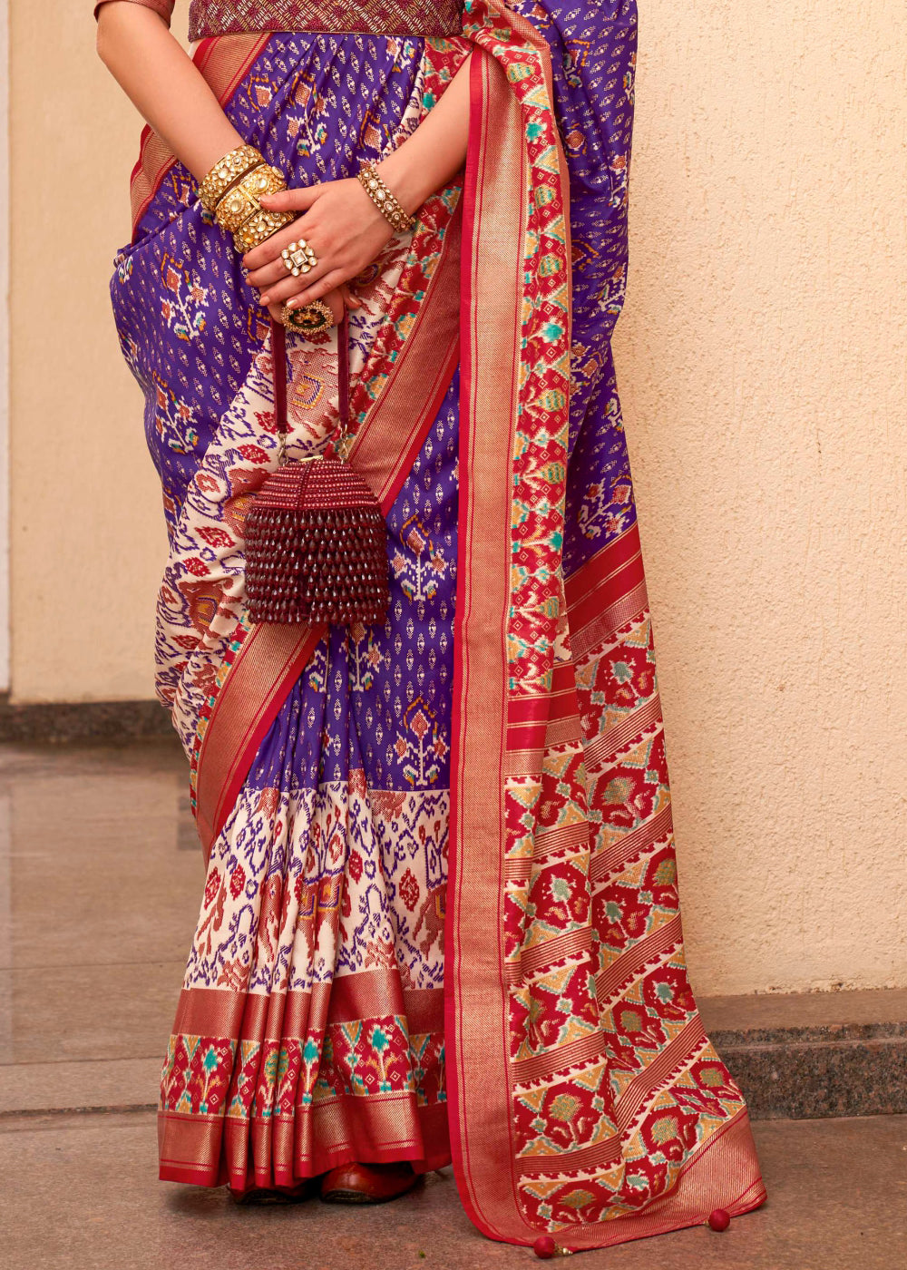 Deep Koamaru Purple and Red Printed Patola Soft Silk Saree