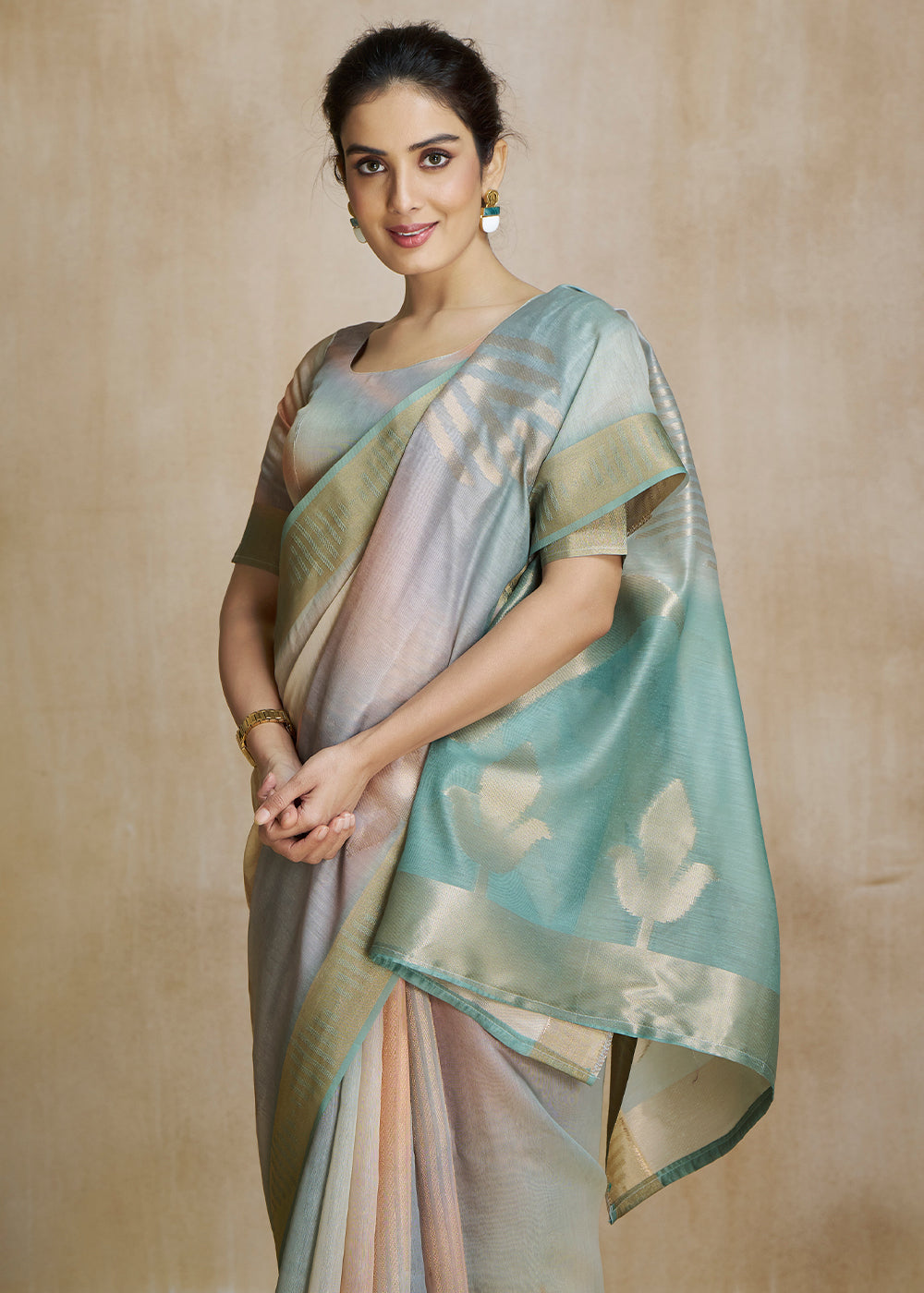 Locust Green and Grey Tissue Woven Soft Silk Saree