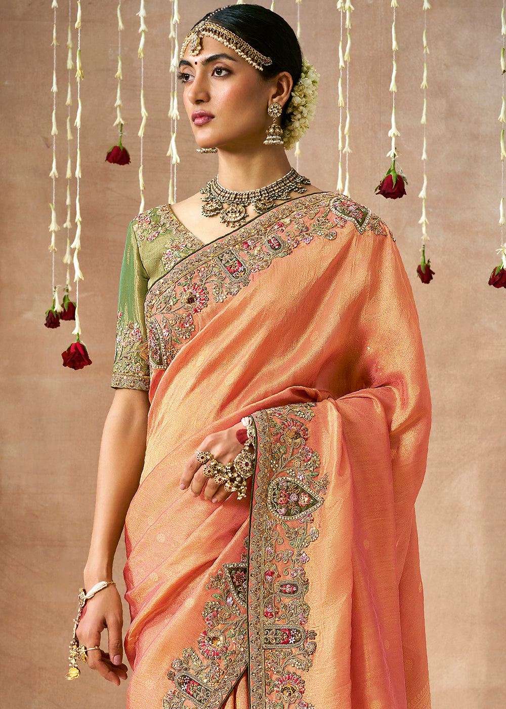 Plum Peach  Zari Woven Embroidery Designer Tissue Dola Silk Saree