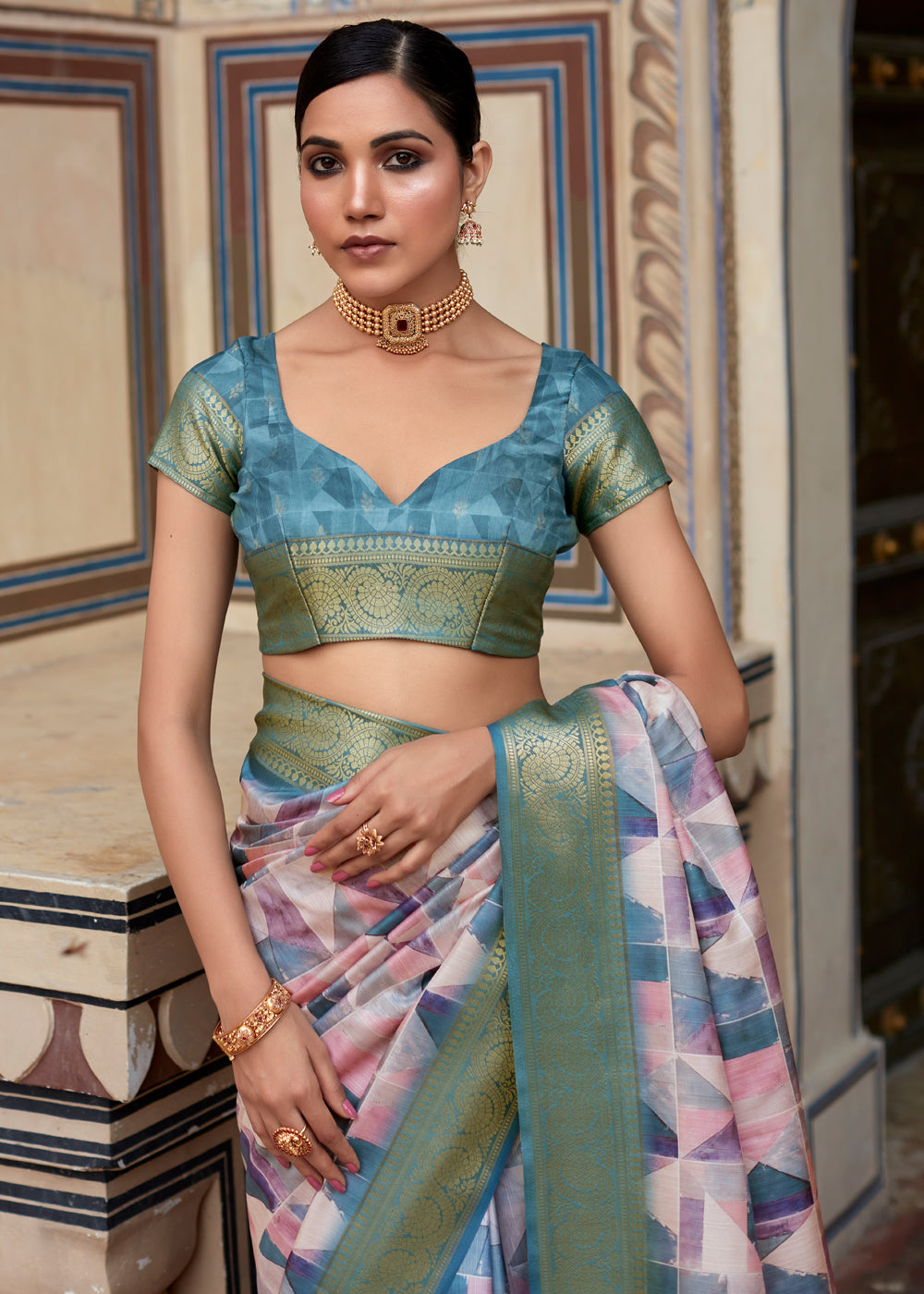 Bismark Blue Banarasi Digital Printed Silk Saree