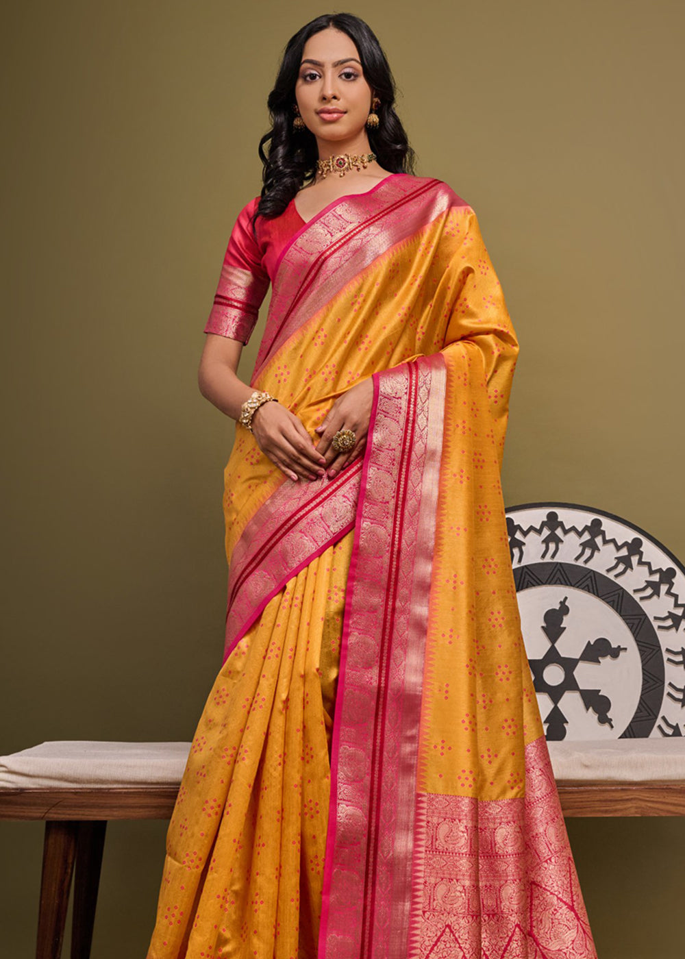 Ochre Yellow Woven Banarasi Soft Silk Saree