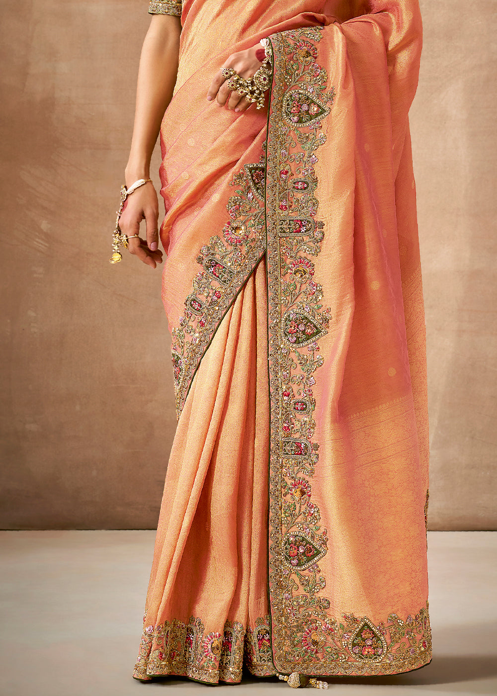 Plum Peach  Zari Woven Embroidery Designer Tissue Dola Silk Saree