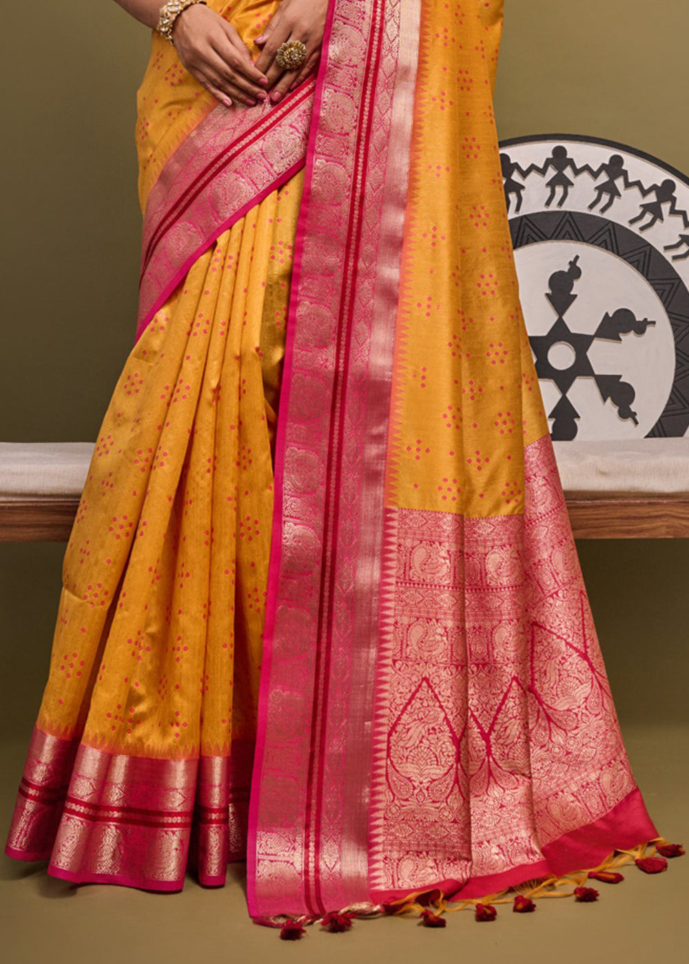 Ochre Yellow Woven Banarasi Soft Silk Saree