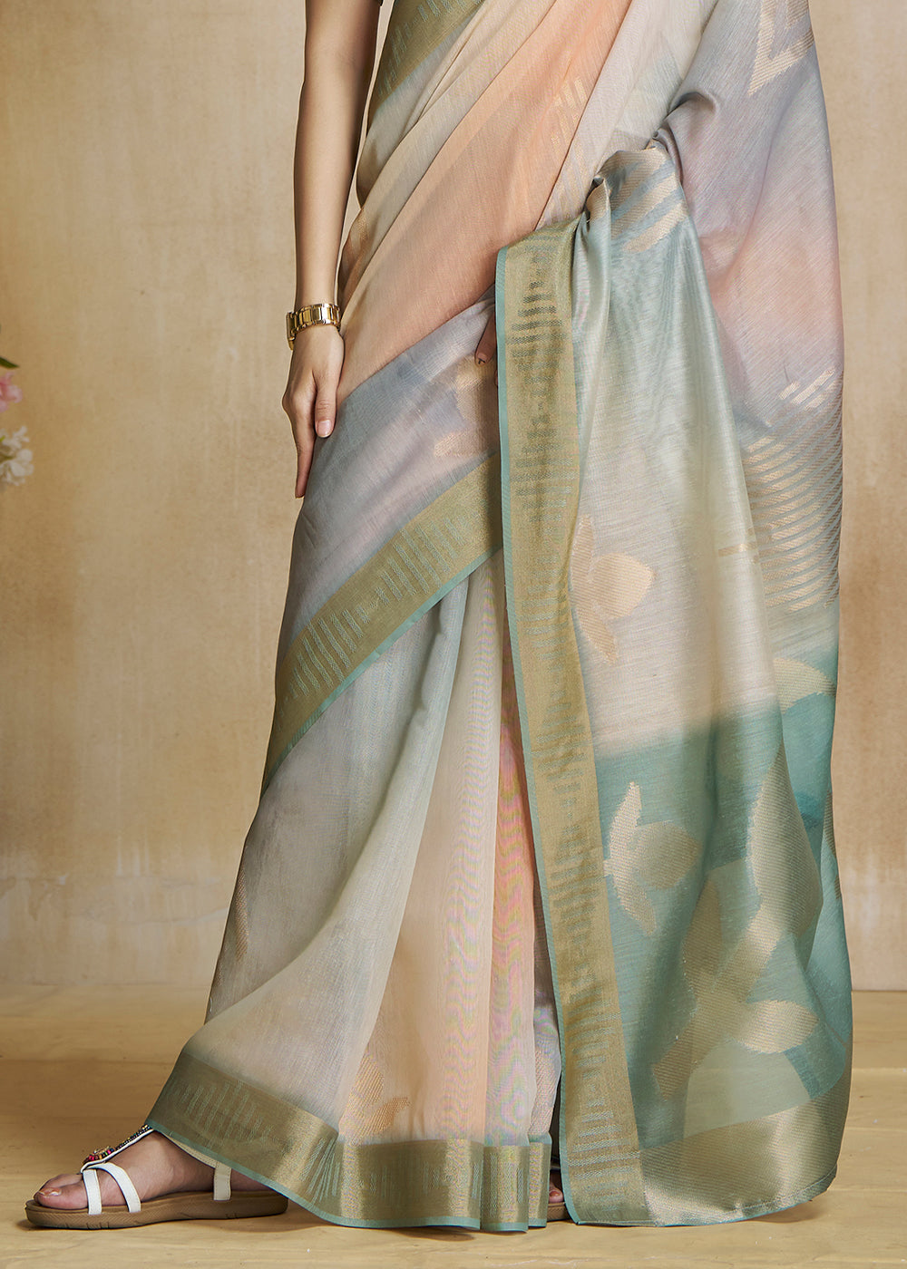 Locust Green and Grey Tissue Woven Soft Silk Saree