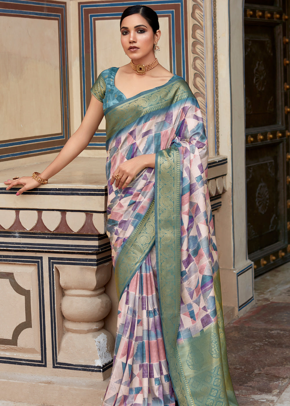 Bismark Blue Banarasi Digital Printed Silk Saree