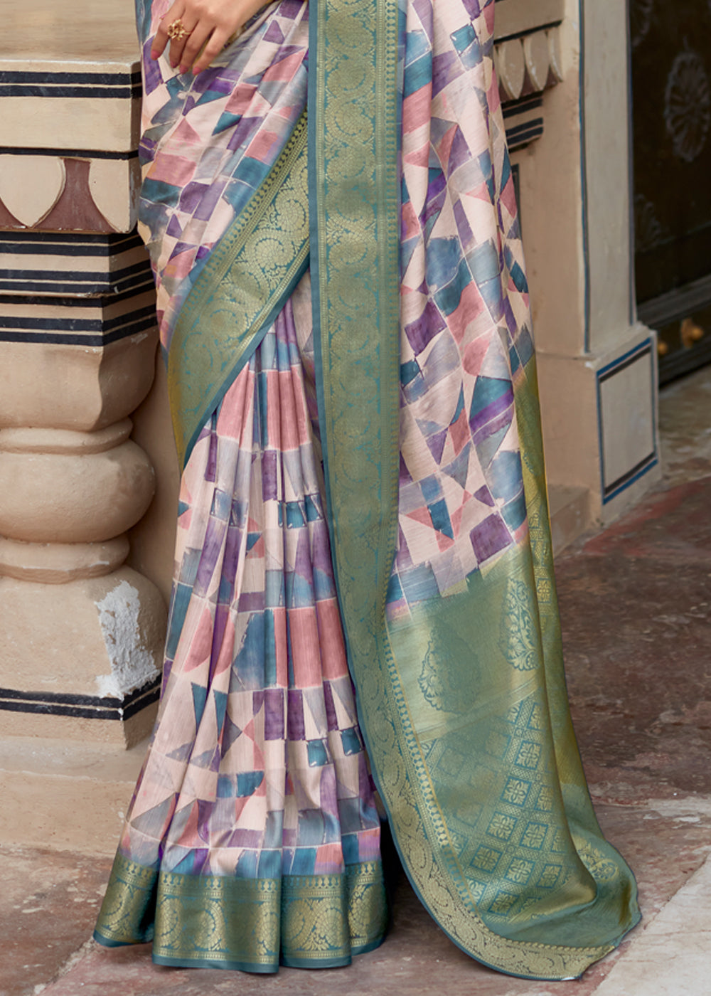 Bismark Blue Banarasi Digital Printed Silk Saree