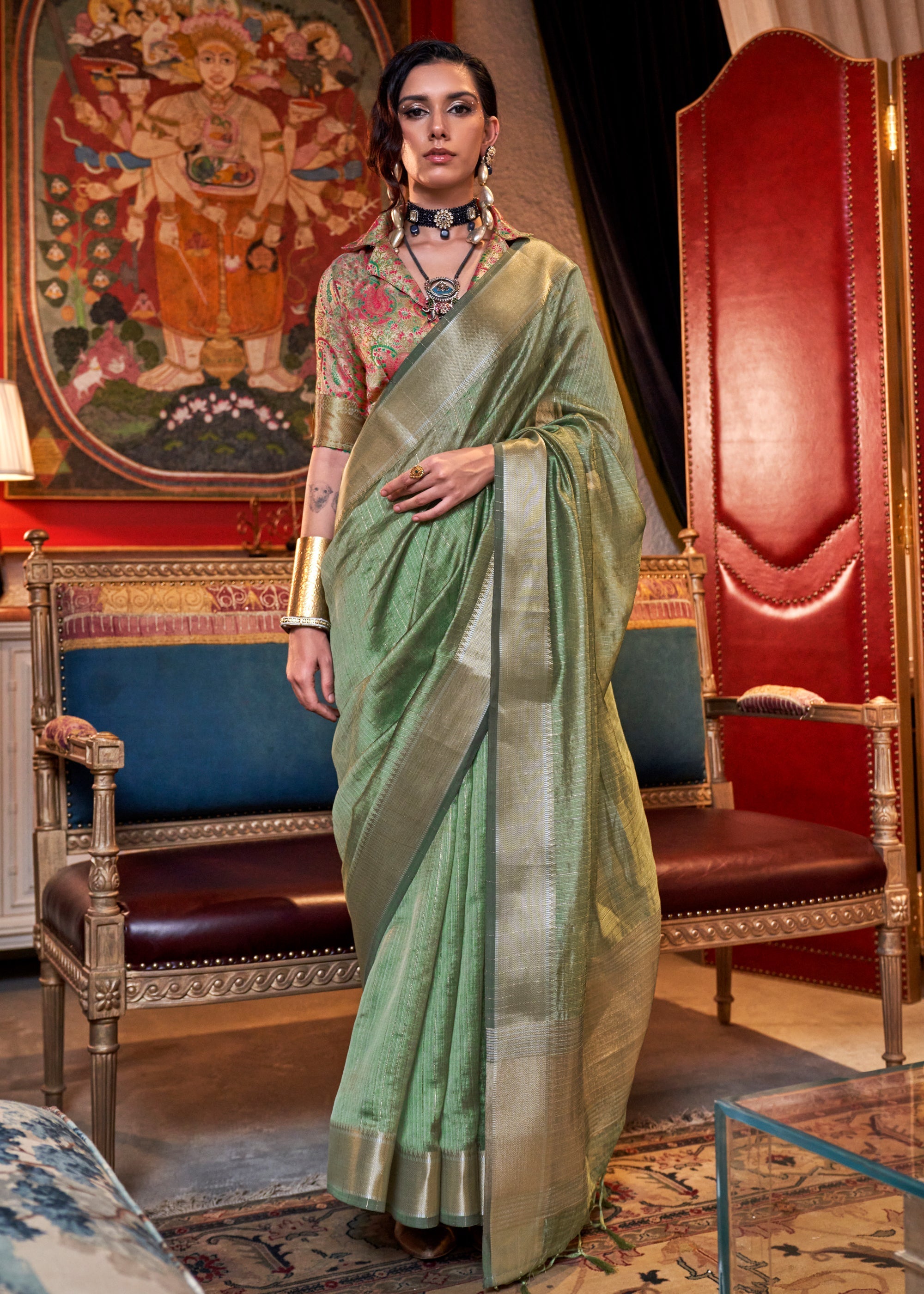 Olive Green Chiffon Silk Saree