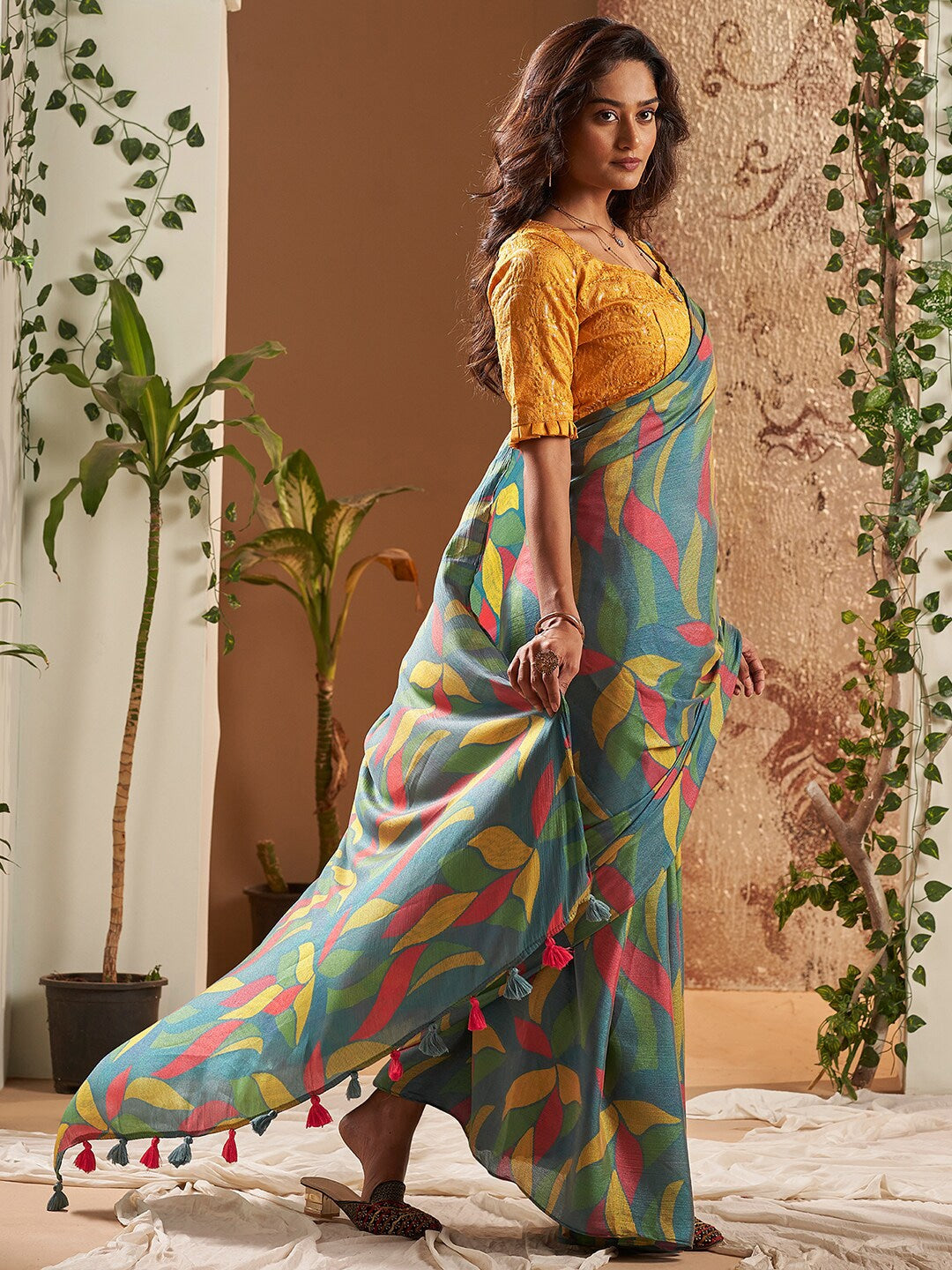 Limed Ash Green Printed Chiffon Saree With Embroidery blouse