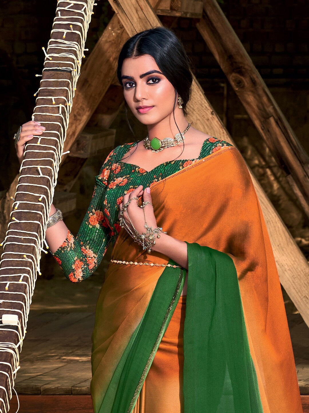 Zest Orange and Green Chiffon Saree With Printed Blouse