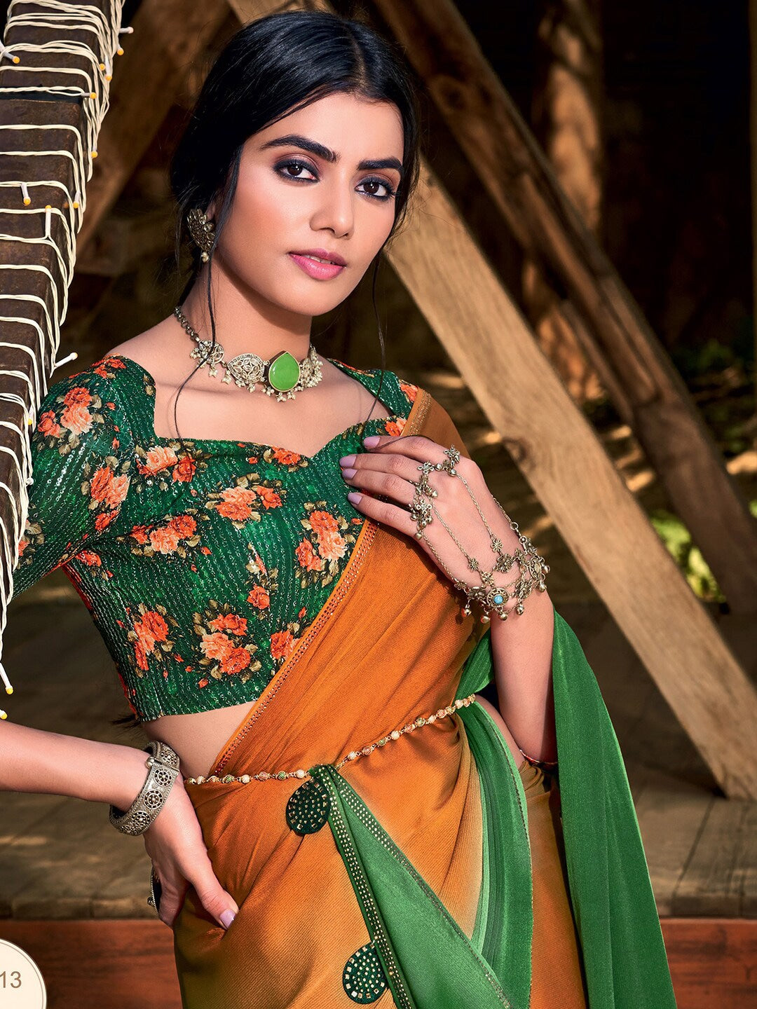 Zest Orange and Green Chiffon Saree With Printed Blouse