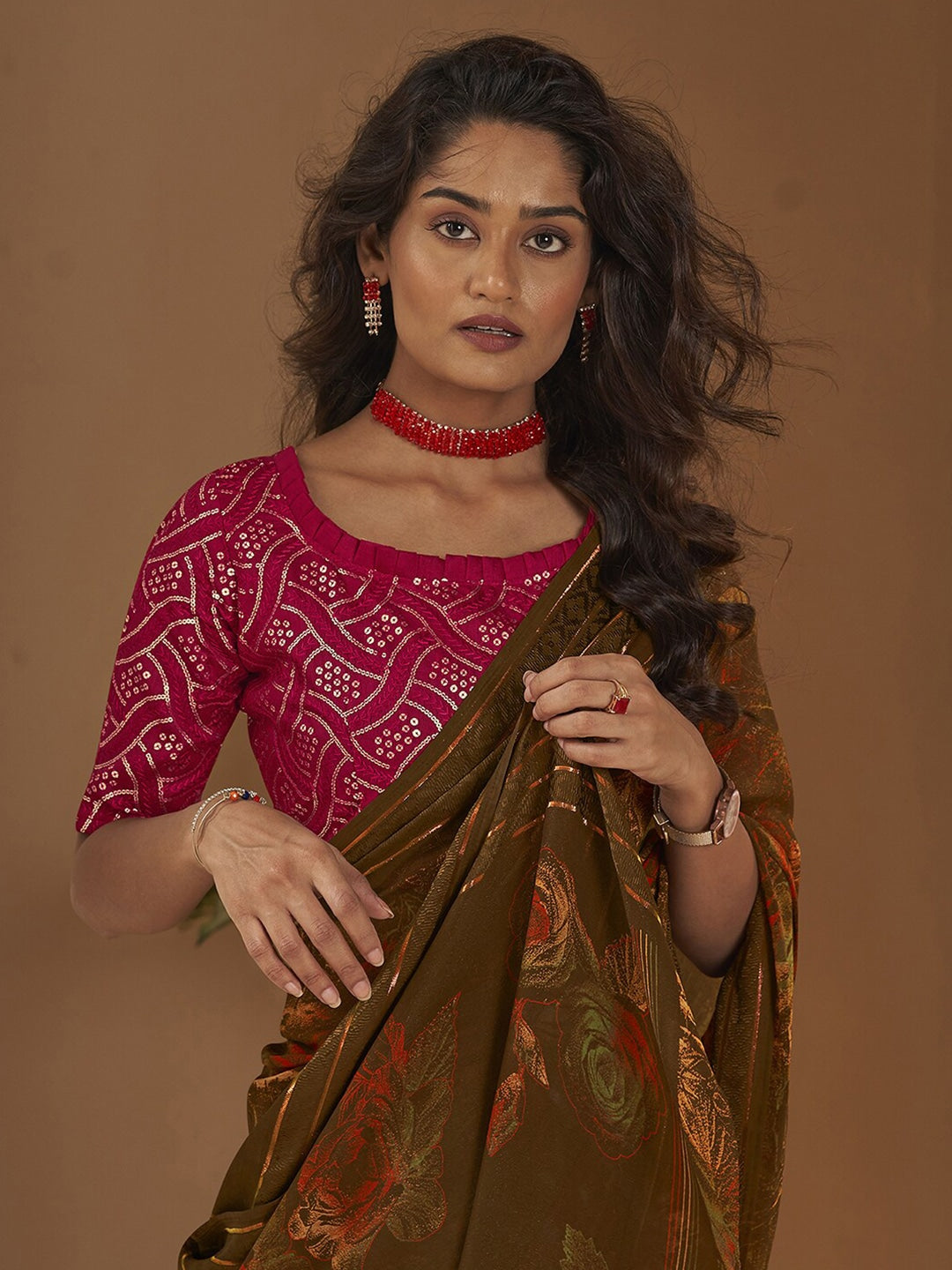 Espresso Brown Georgette Chiffon Saree With Embroidery Blouse