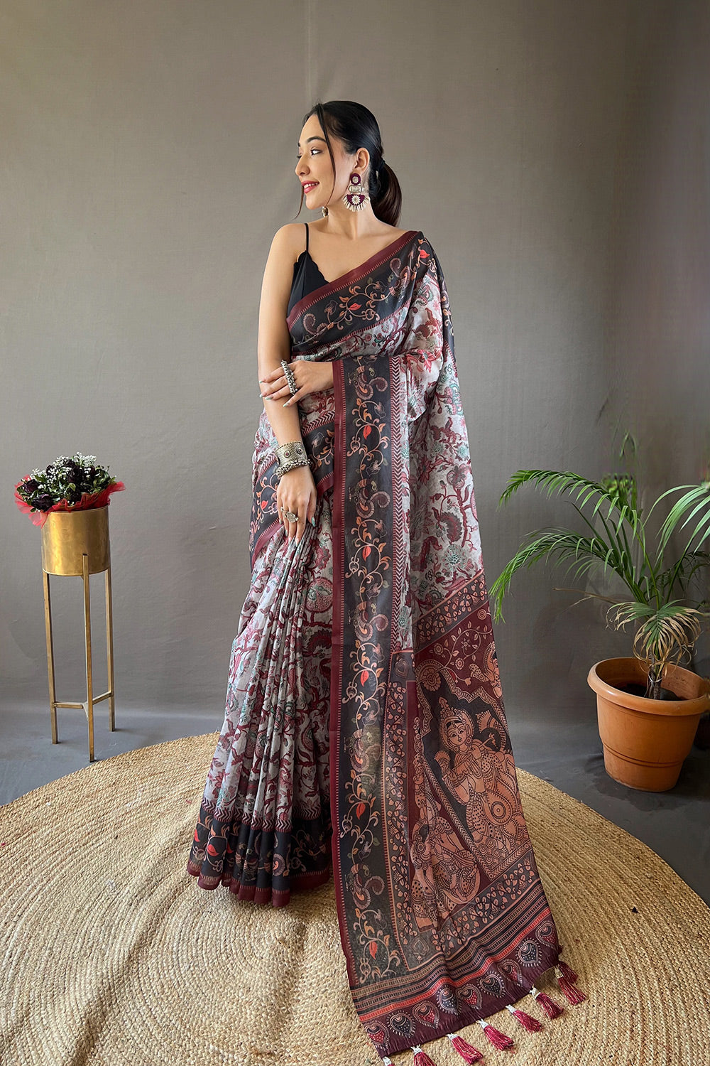 Chatelle Grey Printed Cotton Kalamkari Saree