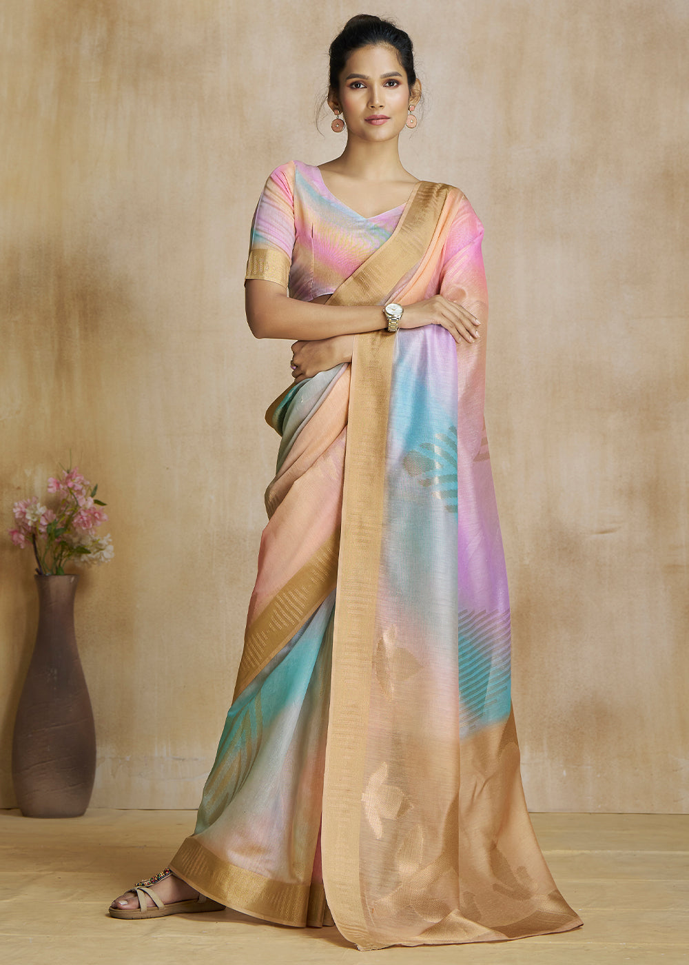 Japonica Orange and Pink Tissue Woven Soft Silk Saree