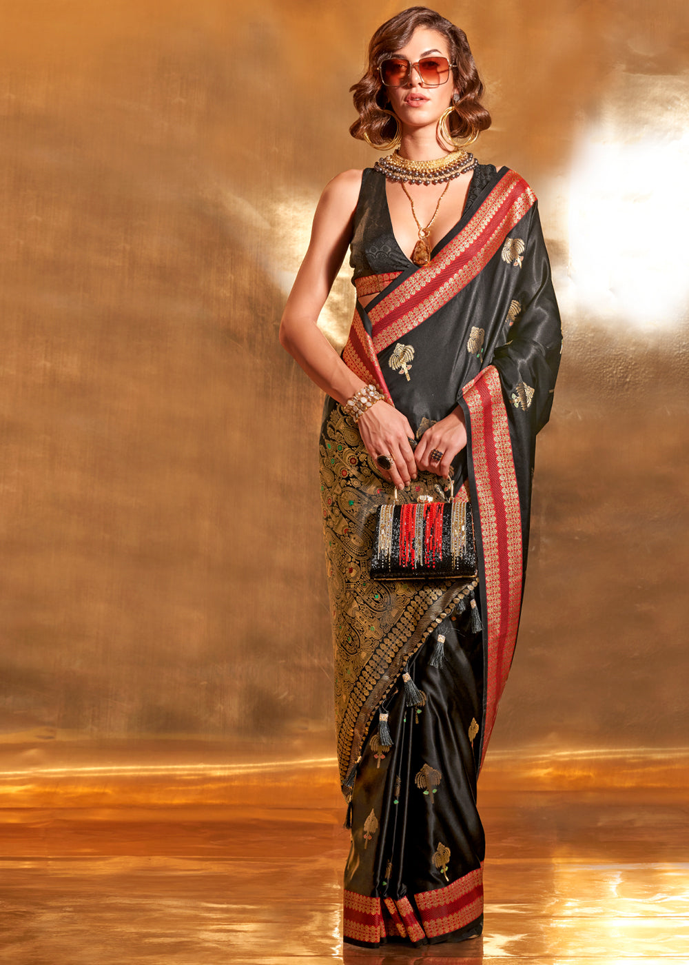 Merlin Black Woven Banarasi Satin Silk Saree