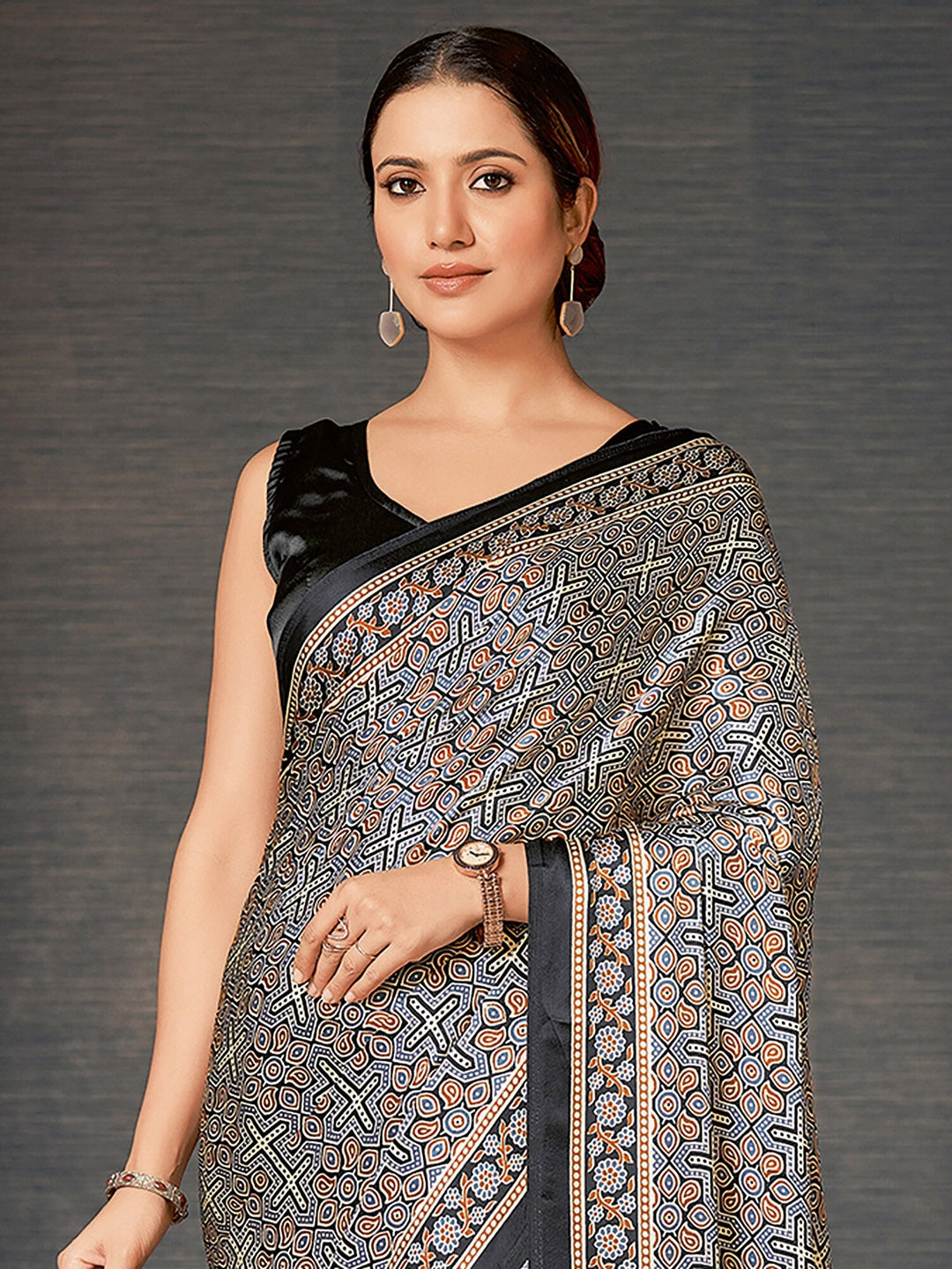 Elegant Grey Digital Printed Ajrakh Satin Crepe Saree