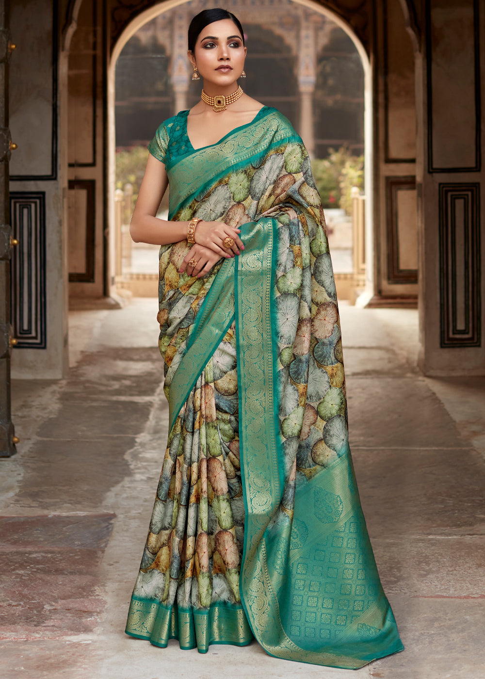 Oracle Green Banarasi Digital Printed Silk Saree