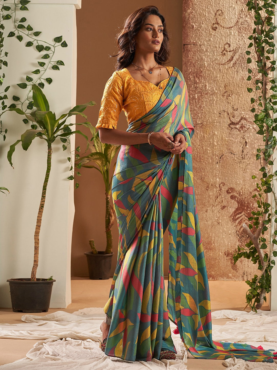 Limed Ash Green Printed Chiffon Saree With Embroidery blouse