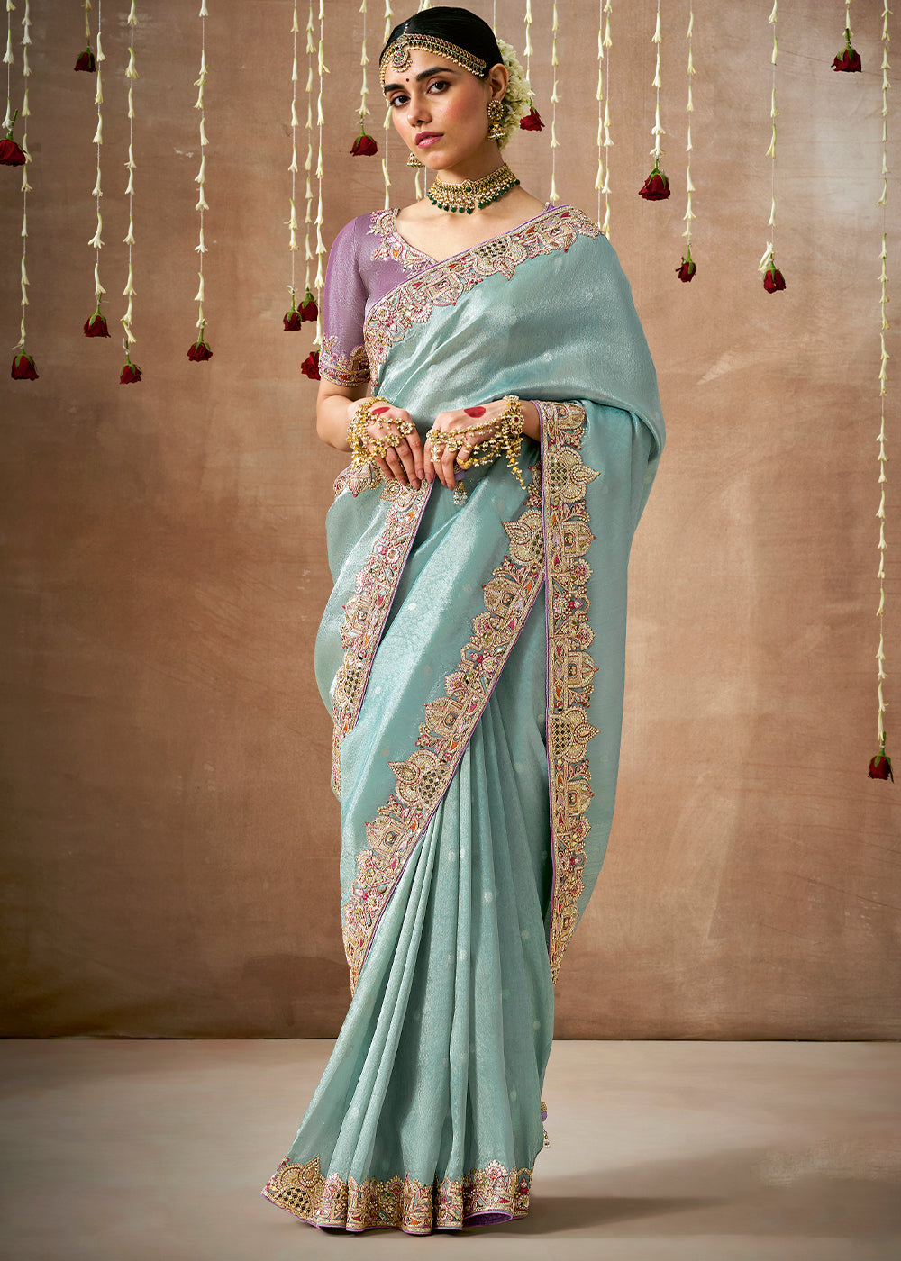 Cerulean Blue  Zari Woven Embroidery Designer Tissue Dola Silk Saree