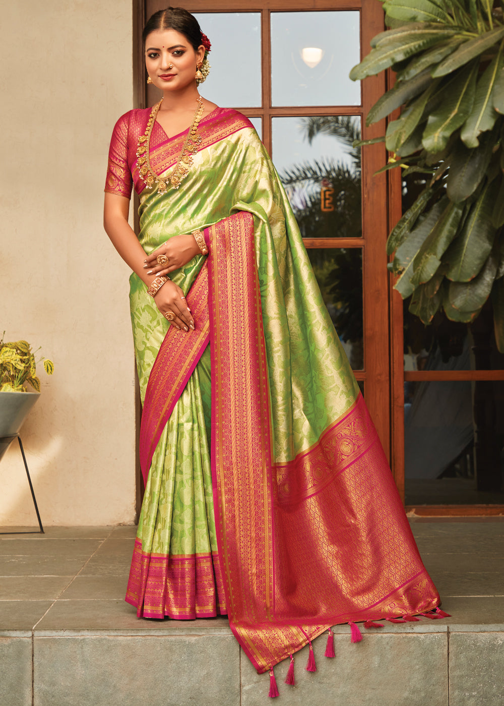 Peridot Green Woven Kanjivaram Saree