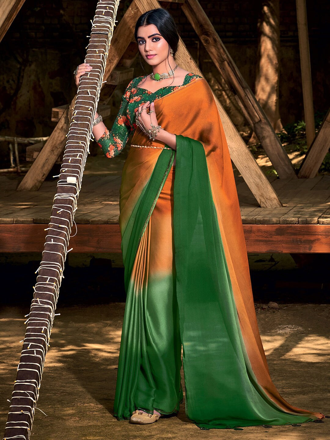 Zest Orange and Green Chiffon Saree With Printed Blouse