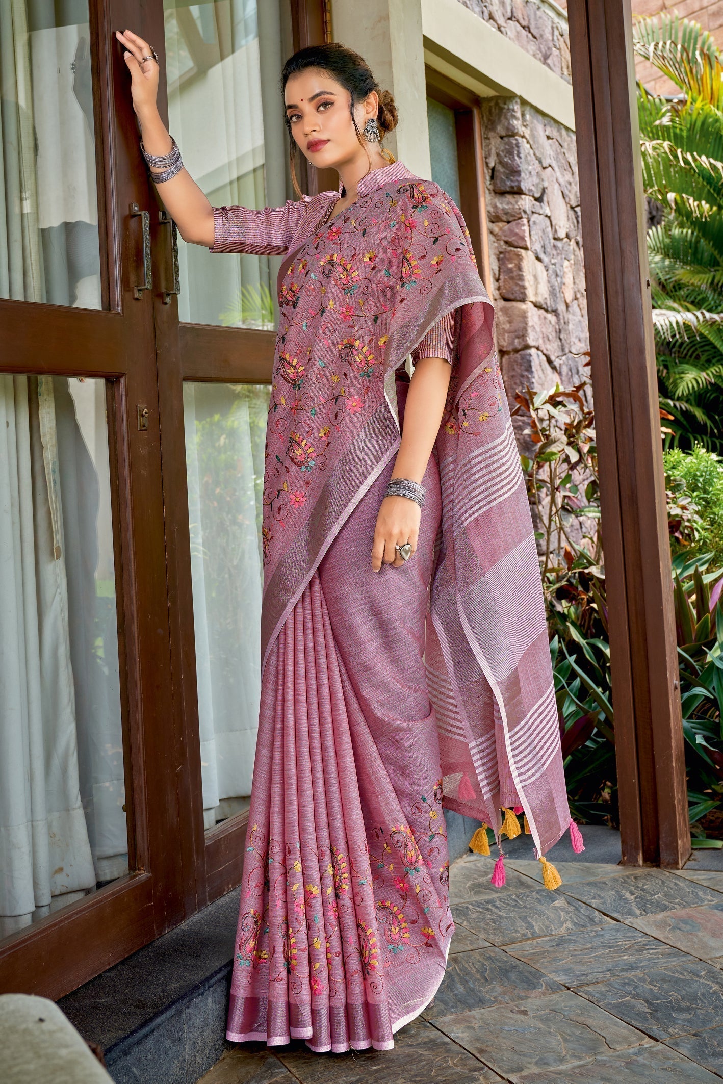 Strikemaster Purple Handcrafted Linen Saree