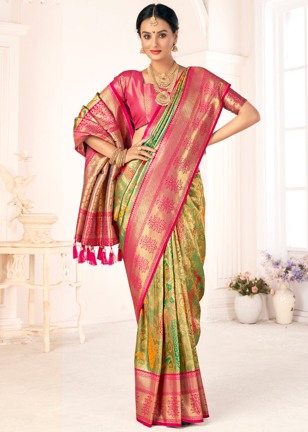 Driftwood Green Woven Paithani Fusion Kanjivaram Silk Saree